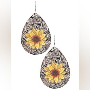 Leather Sunflower Teardrop Earrings